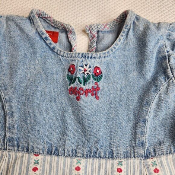 Vintage 90s Esprit Baby Denim Blue Jean Dress 12 mo Flowers - Picture 3 of 7
